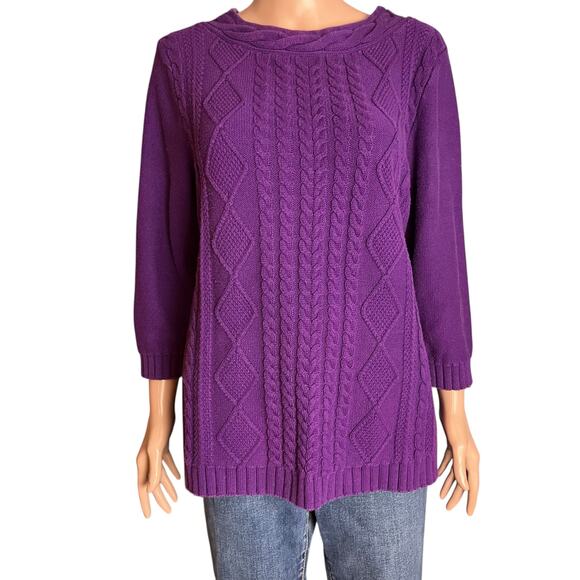 Lands’ End Cable Knit Chunky Purple Swearer 1X Scoop Neck Wrist Length Sleeve - Picture 1 of 5